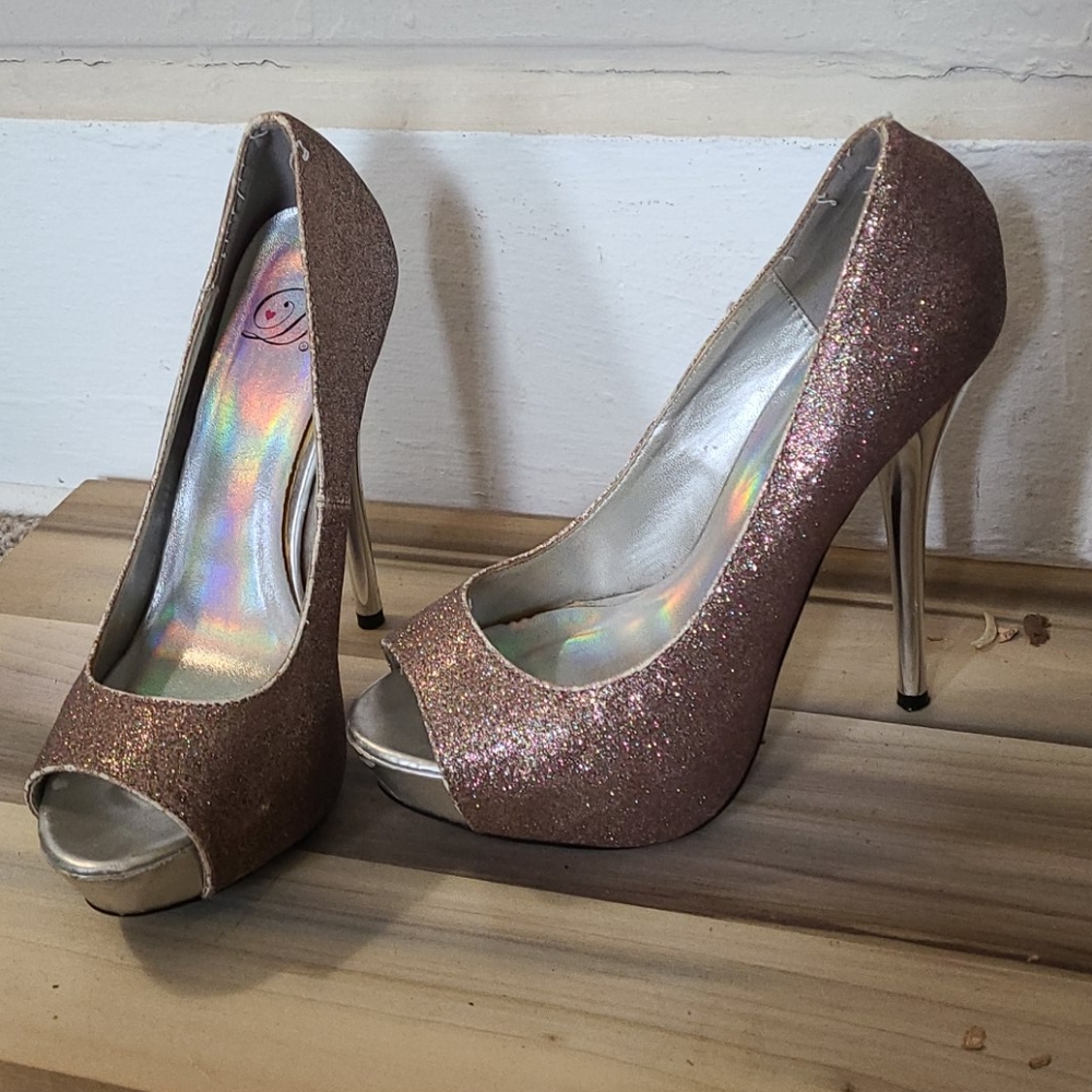 Rose gold glitter open toe heels *read description